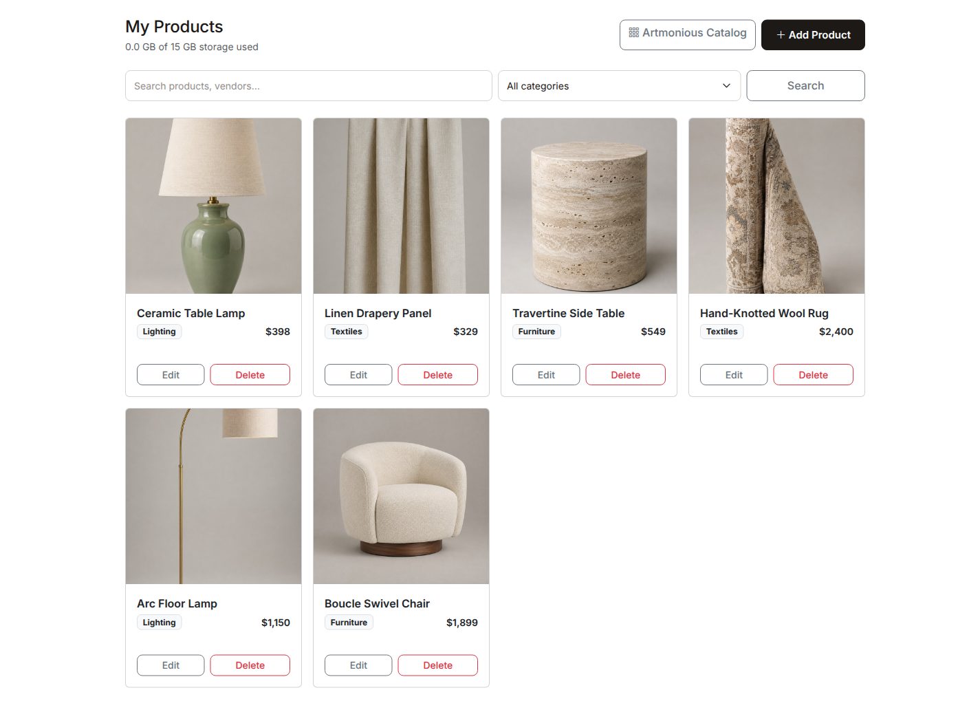 A personal product library with furniture, lighting, and textiles